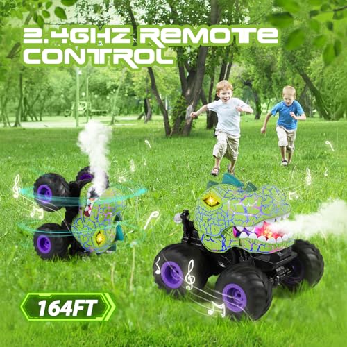DYODYORC Remote Control Car, 2.4Ghz All Terrain Dinosaur Monster Truck Toys, RC Truck with Spay, Music, 3 Lighting Effects, Stunt Capable, Toy Gifts for Boys and Girls (Green Purple) - color: Green Purple