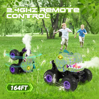 DYODYORC Remote Control Car, 2.4Ghz All Terrain Dinosaur Monster Truck Toys, RC Truck with Spay, Music, 3 Lighting Effects, Stunt Capable, Toy Gifts for Boys and Girls (Green Purple) - color: Green Purple