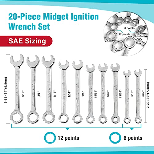 DURATECH Mini Wrench Set, Small Ignition Wrench Set, Mirror Polished | 20-Piece, Metric & SAE, 4mm-11mm & 5/32" - 7/16", Lightweight, with Rolling Pouch, for Tight Access in Confined Spaces