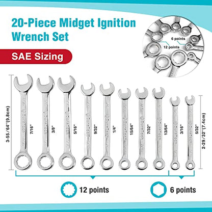 DURATECH Mini Wrench Set, Small Ignition Wrench Set, Mirror Polished | 20-Piece, Metric & SAE, 4mm-11mm & 5/32" - 7/16", Lightweight, with Rolling Pouch, for Tight Access in Confined Spaces