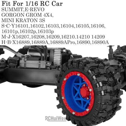 1/16 RC Wheels and Tires 4PCS, RCHuiWow 12mm Hex Plastic Rim Tires Set for 1/16 M-J-X16207-210,H-B-X16889-890,S-C-Y16101-106,Summit E-Revo Gorgon Grom,Mini Kraton 3S RC Truck Upgrades,Navy Blue&Red - color: Navy Blue&red(4pcs)