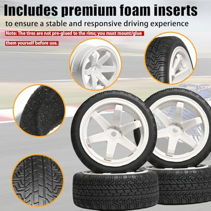 OD 2.65" On Road Rubber Tires Plastic Wheel Rims 12mm Hex for 1/10 RC Car | Compatible with MJX HSP Tamiya HPI Kyosho Traxxas Sakura Redcat WLtoys 1/10 RC On-Road Racing Touring Car (4pcs, White) - style: D-White