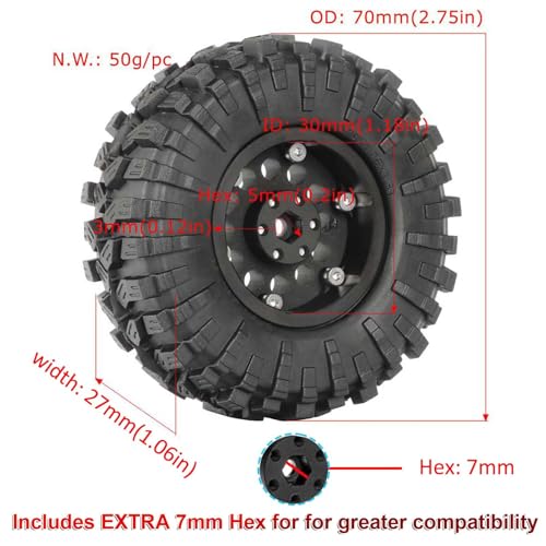 1.3” All-Terrain Tire and Wheel Set, Metal Beadlock 5mm & 7mm Hex Wheels for SCX24 TRX4M 1/12 1/14 1/18 1/24 RC Crawler Car (A, Silver) - color: A, Silver