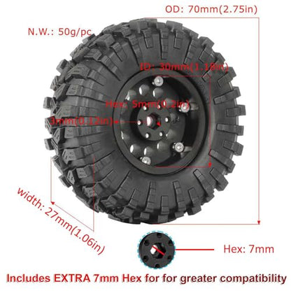 1.3” All-Terrain Tire and Wheel Set, Metal Beadlock 5mm & 7mm Hex Wheels for SCX24 TRX4M 1/12 1/14 1/18 1/24 RC Crawler Car (A, Silver) - color: A, Silver