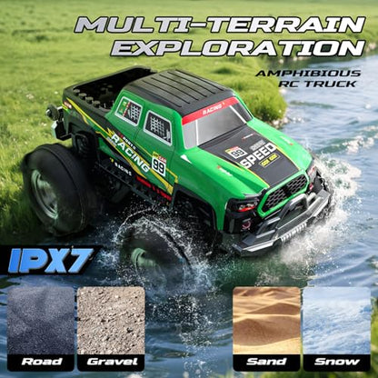 DEERC BG028 Amphibious RC Monster Truck/Boat, IPX7 Waterproof Remote Control Car W/Gesture Sensing Control, 2.4GHz 4WD RC Car W/ 360°Rotation,Flowing Light,40mins Play RC Truck Toys for Kids Boys