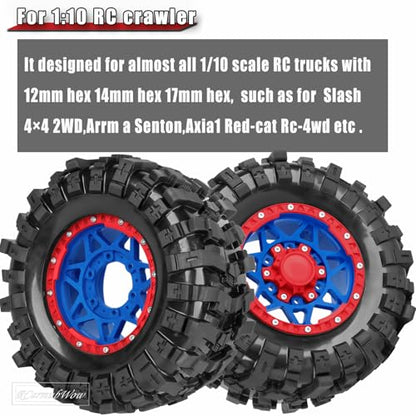 1/10 Scale RC Truck Tires,Wheels and Tires w/12/14/17MM Hex for Rustler Stampede Hoss, Granite Vorteks Big Rock 3S,1/10 Off Road Tires Rubber Truck Tyres w/Foam Insert,Navy Blue w/Red - color: Navy Blue W/Red(4pcs)