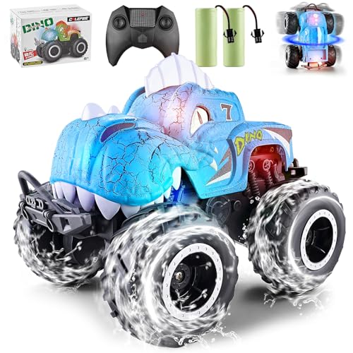 Amphibious Remote Control Car, 1:20 Waterproof Dinosaur Monster Trucks for Boys Age 4-7, 2.4GHz All Terrain RC Cars with 2 Batteries, 360° Rotating Stunt RC Car Toy Birthday Gift for Kids 3-5 - color: Azure Dinosaur Truck