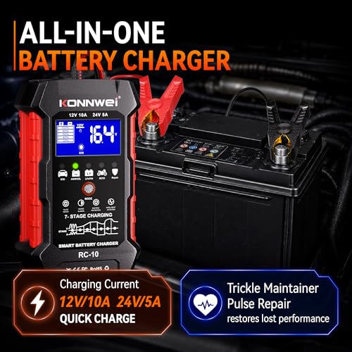 KONNWEI 12V/24V Battery Charger,Smart Trickle Charger Maintainer LiFePO4 | 5A/10A Car Battery Charger for LiFePO4 Lead Acid AGM GEL,Battery Desulfator with Pulse Repair for Cars RVs Boats Lawn Mower