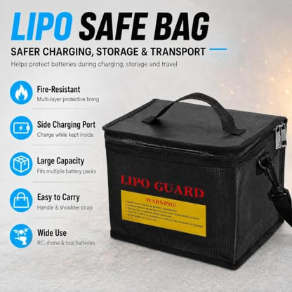 LiPo Safe Bag Fireproof Explosionproof Battery Storage & Charge Safe Pouch | Fire Resistant Large Capacity Battery Guard Bag with Side Charging Port, Double Zipper, Reinforced Handle & Shoulder Strap - color: Black