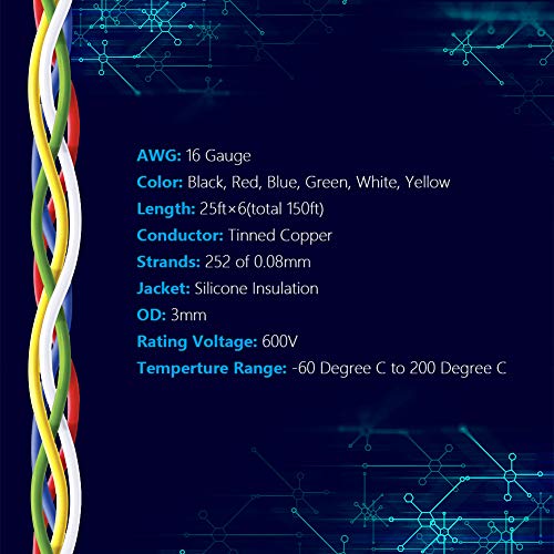 Fermerry 16 AWG Stranded Wire Spool 25ft Each 6 Colors | Flexible 16 Gauge Silicone Hook up Wire Kit Electrical Tinned Copper Wire - size: 25FT, style: 16 AWG-6C