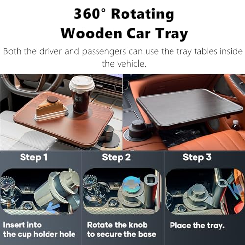 HZGAMER Wood Car Desk for Laptop, 360° Rotating Wood Cup Holder Table Tray for Drivers and Passengers, Car Accessories Compatible with Tesla Model Y/3/S, Ford F150/Explorer/Maverick & Most Vehicles
