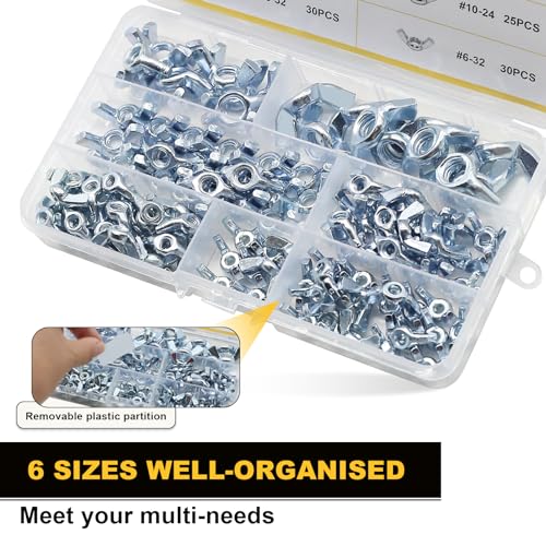 Siptenk 125PCS M3 M4 M5 M6 M8 M10 M12 Metric Wing Nuts Assortment Kit | 7 Assorted Sizes Carbon Steel Zinc Plated Butterfly Wingnuts | inclding mini wing nuts