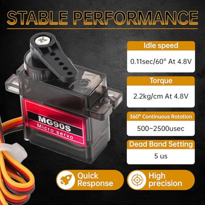2 Pack MG90S Micro Servo Motor Full Metal Geared 9G, 360 Degree Rotation | Fit for RC car robot helicopter. Mini servos for Arduino DIY project - size: Control Angle 360 Degree