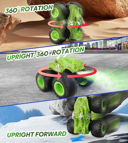 BAODLON RC Monster Trucks Toys for 3 4 5 6 7 8 Years Old Boys Kids, 2.4GHz Remote Control Monster Car, All Terrain RC Truck Off Road with Spray & Light, Rechargeable Battery, Christmas Birthday Gifts - style: Dinosaur-green
