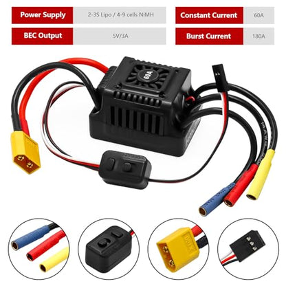 Upgraded 60A Brushless ESC 2-3S Electronic Speed Controller Waterproof ESC for 1/10 Remote Control Car Truck (Black) - color: Black