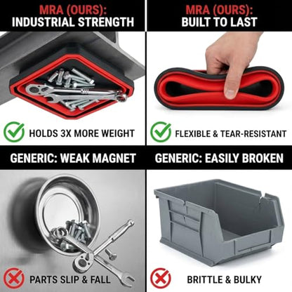 Collapsible Magnetic Parts Tray Set, 4-Pack, Red | Silicone construction, double-sided magnets, fold-flat design, keeps screws and bolts, compact storage, mechanic organizer - color: Red