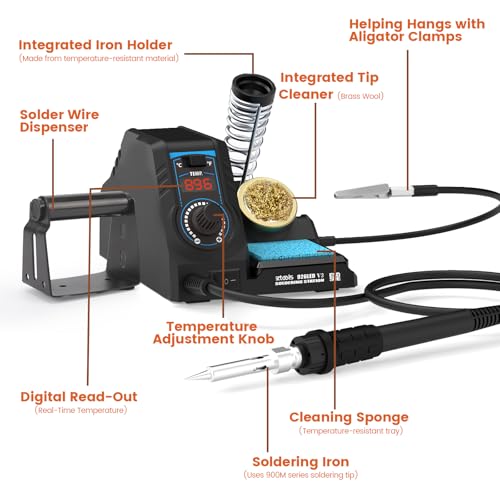 926LED V3 Entry-Level 60W Soldering Station Iron Kit in Black with Temperature Control includes Helping Hands, Lead-Free Solder, 6 Soldering Tips, ESD-Safe Tweezers, Sleep Mode - color: Black