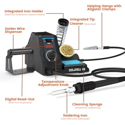 926LED V3 Entry-Level 60W Soldering Station Iron Kit in Black with Temperature Control includes Helping Hands, Lead-Free Solder, 6 Soldering Tips, ESD-Safe Tweezers, Sleep Mode - color: Black