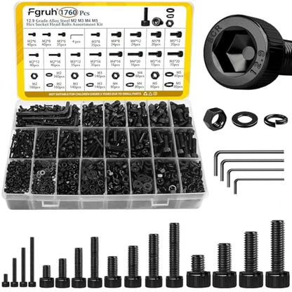 1760PCS Metric Screw Assortment Kit,M2 M3 M4 M5 Screws Set, Hex Socket Head Cap Bolts Nuts and Washers Kit for 3D Printing DIY, Grade 12.9 Alloy Steel, Black Zinc Plated - size: M2M3M4M5 1760pcs