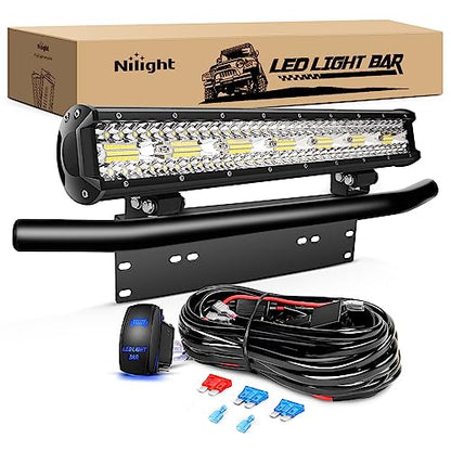 Nilight 20 Inch 420W Triple Row Flood Spot Combo 42000LM Light Bar Driving Boat Led Off Road Lights with Front License Plate Frame Bracket and Switch Wiring Harness Kit - color: 20Inch Lights + Wiring Harness +Bracket