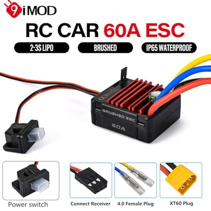 2026 New 60A Waterproof Brushed ESC 2-3S Electronic Speed Controller WP 1060 RC ESC Brushed with Power Witch for 1/10 Scale RC Crawler Car,Boats,Truck (XT60 Plug) - color: Black-yellow