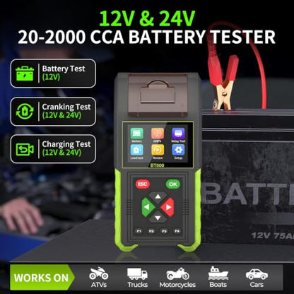 12V/24V Automotive Battery Tester & Relay Tester 20-2000CCA Load Tester | BT500 12V/24V Car Battery Tester, Relay Tester, Digital Battery Analyzer Charging Cranking System Test with Built-in Printer