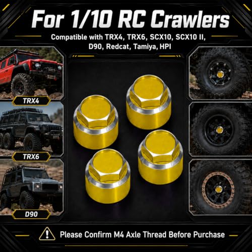 4PCS M4 RC Wheel Nuts, Aluminum Dustproof Wheel Rim Center Cap Hub Nuts with Mini Cross Wrench for 1/10 RC Crawler TRX4 TRX6 SCX10 SCX10 II D90 Redcat Tamiya HPI, Gold - color: Gold