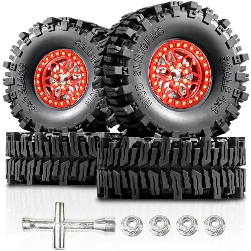 2.2" RC Mud Terrain Wheel Tire with Brake Discs for 1/10 RC Crawler - 12mm Hex, 9.5mm Offset Aluminum Wheel - Aggressive Huge Lug Tire for Mud Slinging - Fit for SCX10 TRX4 TRX6 Gen8 VS4-10 - color: Red