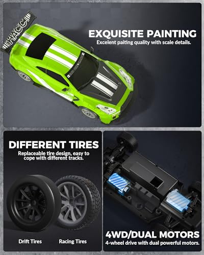 Drift RC Car, 1:20 Scale 2.4GHz 4WD 20KM/H Remote Control Cars | LED lights, drift tires & racing tires, 2 batteries, proportional throttle control - color: Green