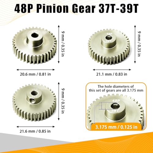 3PCS 48P Pinion Gear Set 7075 Aluminum Alloy 3.175mm Shaft 37T 38T 39T with Screws & Hex for 1/10 RC Arrma Traxxas HPI Sakura Losi Axial SCX10 Tamiya Monster Truck Buggy Motor Gears Upgrade - size: 37 38 39T