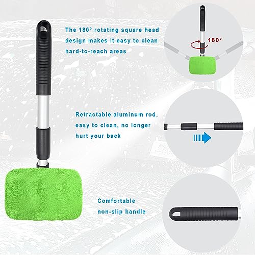 Ziciner Car Windshield Cleaner, Microfiber Auto Cleaning Wiper with Aluminum Extendable Handle and 2 Washable Reusable Cloth Pad Head, Universal Vehicle Interior Exterior Cleaner Kit (Green-Rectangle) - size: Green-Rectangle