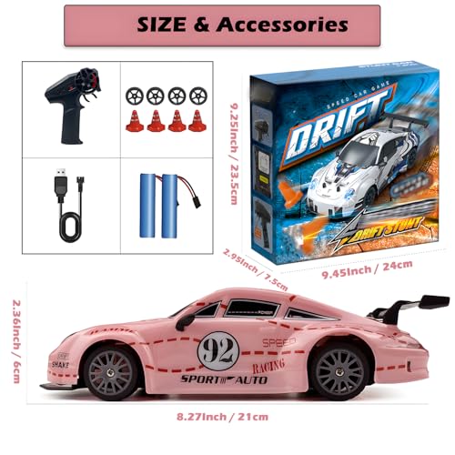 HTURCCOP RC Drift Car 2.4GHz 1:24 Scale 4WD High Speed Remote Control Cars Vehicle with LED Lights Two Batteries and Drifting Tires Racing Sport Toy Cars for Adults Boys Girls Kids Pink - color: Pink