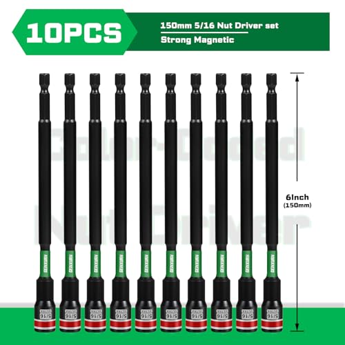 Impact Nut Driver Set, 10 Pieces 6”Long 5/16”6 Point Alloy Steel Magnetic SAE Nut Setter Set Use For Require Installing 1/4 Hex Shank Impact Driver with Case Box - size: 6", style: 5/16"-10pcs