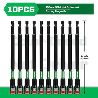 Impact Nut Driver Set, 10 Pieces 6”Long 5/16”6 Point Alloy Steel Magnetic SAE Nut Setter Set Use For Require Installing 1/4 Hex Shank Impact Driver with Case Box - size: 6", style: 5/16"-10pcs
