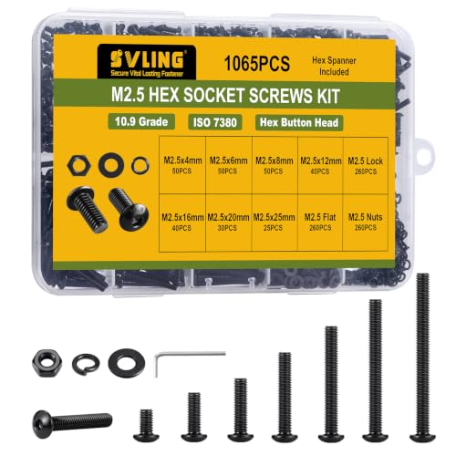 1065PCS M2.5 Bolt Assortment Kit, Hex Socket Button Head Screws Nuts Bolts Washer Assortment Kit 10.9 Grade Alloy Steel Black Oxide M2.5 x 4/6/8/12/16/20/25mm - size: M2.5 1065PCS Button Black