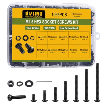 1065PCS M2.5 Bolt Assortment Kit, Hex Socket Button Head Screws Nuts Bolts Washer Assortment Kit 10.9 Grade Alloy Steel Black Oxide M2.5 x 4/6/8/12/16/20/25mm - size: M2.5 1065PCS Button Black