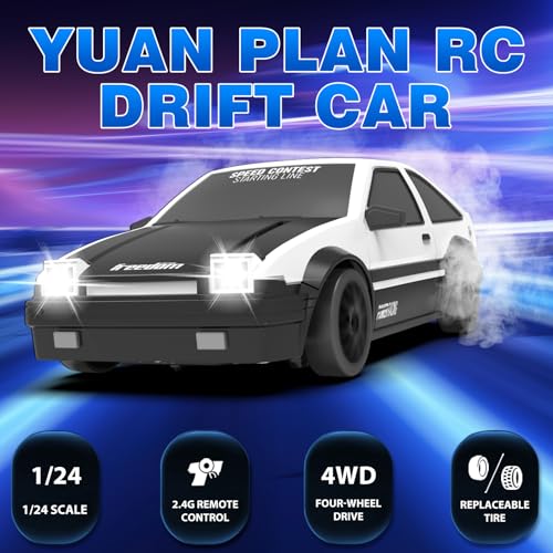 RC Drift Car 1/24 2.4GHz Remote Control Cars, 4WD High Speed Drift RC Cars with Cool LED Lights, Extra Drifting Tires Racing Toys Car for Kids Boys Girls Adults (White) - color: B.white