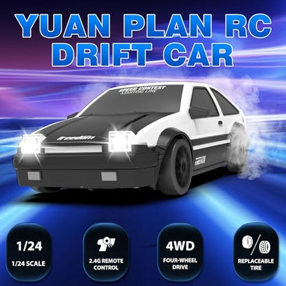 RC Drift Car 1/24 2.4GHz Remote Control Cars, 4WD High Speed Drift RC Cars with Cool LED Lights, Extra Drifting Tires Racing Toys Car for Kids Boys Girls Adults (White) - color: B.white