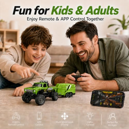 1:64 Scale Mini Remote Control Monster Truck with Trailer | 2.4GHz & App Dual Control, Alloy Mini RC Car with LED Lights, Portable Pocket Toy Car for Kids & Adults, Gift for Boys (Green) - color: Green