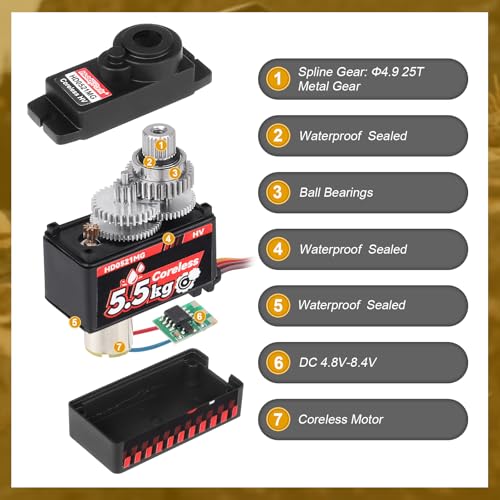 HobbyPark 2-Pack Waterproof 5.5kg High Torque Micro Servo Coreless Motor Metal Gear Arduino Servo RC Servo for 1/24 Crawler Cars Boats Robotics SCX24 Steering Servo 4.8-8.4V
