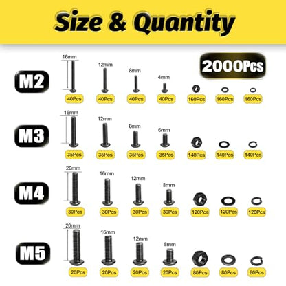KADRICK M2-M5 Metric Screw Assortment,2000PCS Hex Socket Button Head | Metric Screw Kit,Nuts Flat & Lock Washers Included，Class 10.9 Alloy Steel,Black Oxide Finish Finish - size: M2-M5 2000Pcs