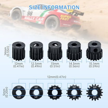 32P Metal Steel Gear Set 5mm Hole 13T 14T 15T 16T 17T Gear with Hex Key Screwdriver Hardened Motor Pinion Gear for Traxxas Arrma HSP HPI AXIAL Tamiya Losi 1/8 RC Car(5Pack) - size: 13T 14T 15T 16T 17T