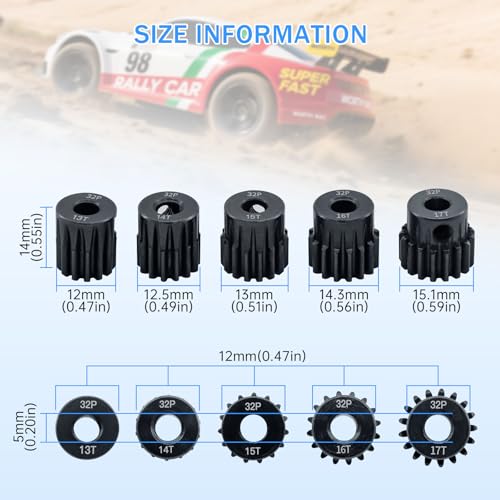 32P Metal Steel Gear Set 5mm Hole 13T 14T 15T 16T 17T Gear with Hex Key Screwdriver Hardened Motor Pinion Gear for Traxxas Arrma HSP HPI AXIAL Tamiya Losi 1/8 RC Car(5Pack) - size: 13T 14T 15T 16T 17T