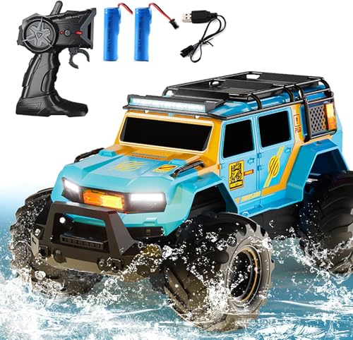 Amphibious Remote Control Car Waterproof Monster RC Cars 4WD All Terrain Off-Road Stunt Vehicle Toys with 2.4 GHz LED Lights for 6 7 8 9 10 11 12+ Year Old Kids Boys Girls Gifts Presents (Blue) - color: Blue
