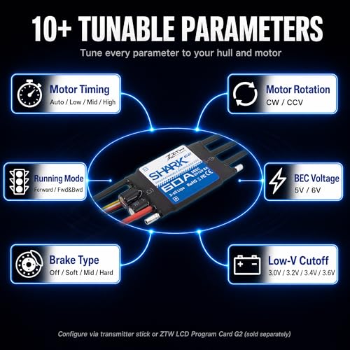 ZTW Shark G2 60A ESC 2-6S Built-in Swithcing BEC 5V/6V 8A Water-Cooling Bidirectional Waterproof Brushless Speed Controller for RC Boat Marine - size: 60A