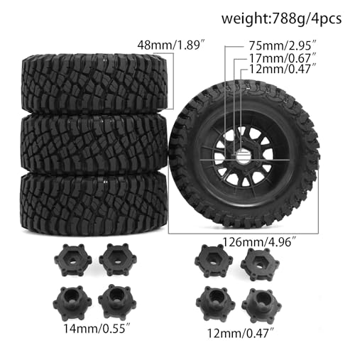 1/7 1/8 1/10 RC Short Course Truck Tires OD 4.96"And Wheels 12mm 14mm 17mm Hex For 1:10 1:8 1:7 Scale Off Road Truck Car ARRMA Mojave 4S 6S TRAXXAS Slash 2WD FS FSR Axial Losi Rc4wd (Black) - color: Black