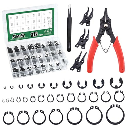 Keadic 312Pcs [M4-M28] C-clip External Retaining Rings Snap Rings Assortment Kit & [1.5mm-10mm] E-clip Circlip Ring Assortment Set & Pcs Snap Ring Plier with Tweezers (Alloy Steel)