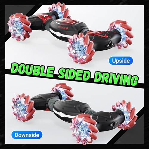 Contixo Kids Large Remote Control Car w/Gesture Sensor, Stunt Car, Red | Gesture Sensor, 4WD 360° Spins, Music, Lights & Spray, Side Drifts, Double-Sided Driving Off-Road Stunt - color: Red