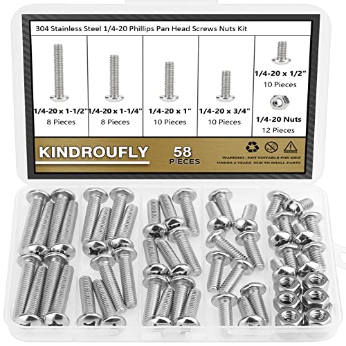 58 Pieces 1/4-20x 1/2", 3/4", 1", 1-1/4", 1-1/2", Phillips Pan Head Machine Screws Nuts Assortment Kit, 304 Stainless Steel, Fully Machine Thread - size: 1/4"-20