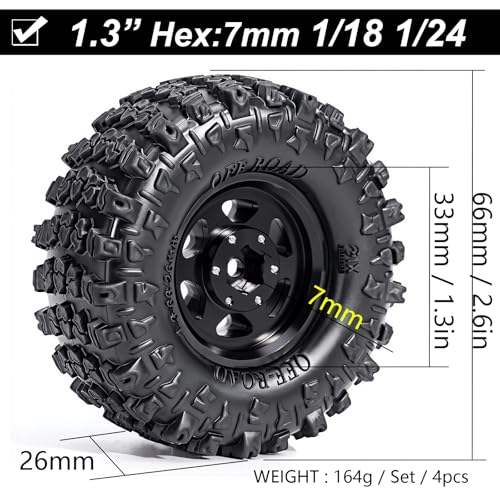 1.3” Aluminum Beadlock Wheels & Mud Terrain Tires Set for 1/18 1/24, -7.6mm Offset RC Crawler Car Fits TRX4M, Axial SCX24 AX24, Redcat Ascent-18, FCX24, 66 x 26mm, Pre-Assembled, 4 pcs Black - color: Black